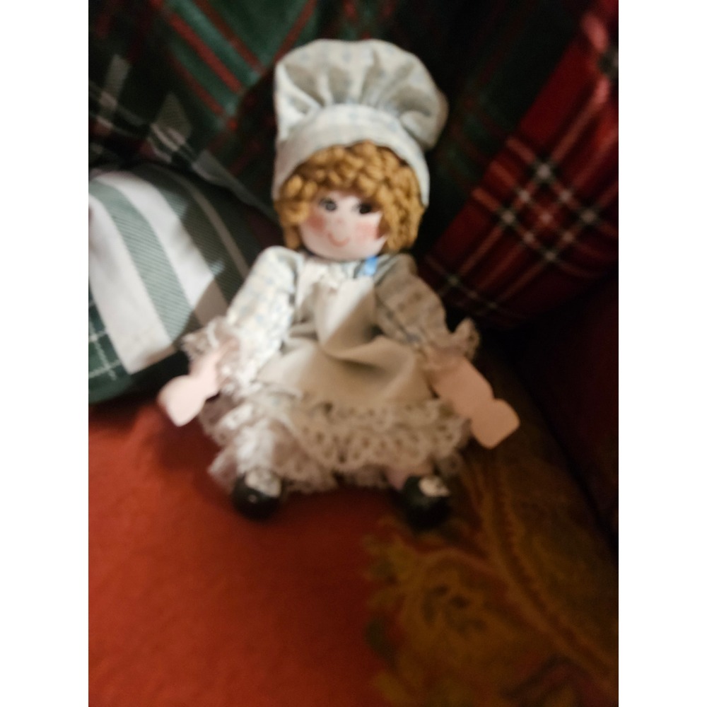 Vintage Wooden Peg Doll Hand Painted Face Yarn Hair Blue Heart Dress Lace Apron
